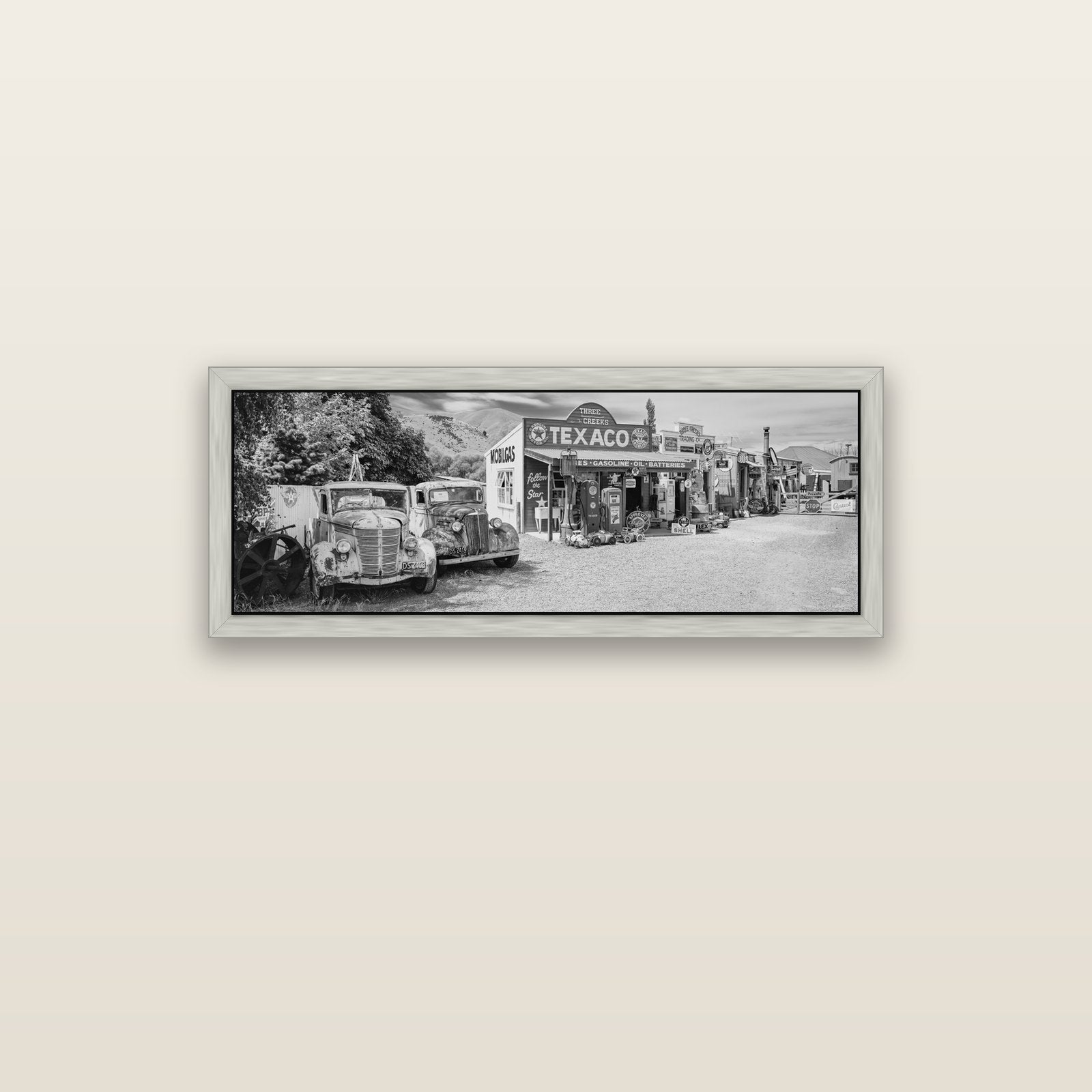 Texaco Time Capsule, Burkes Pass — silver float frame canvas, 102 × 36 cm. New Zealand fine art landscape wall art by Stephen Milner.