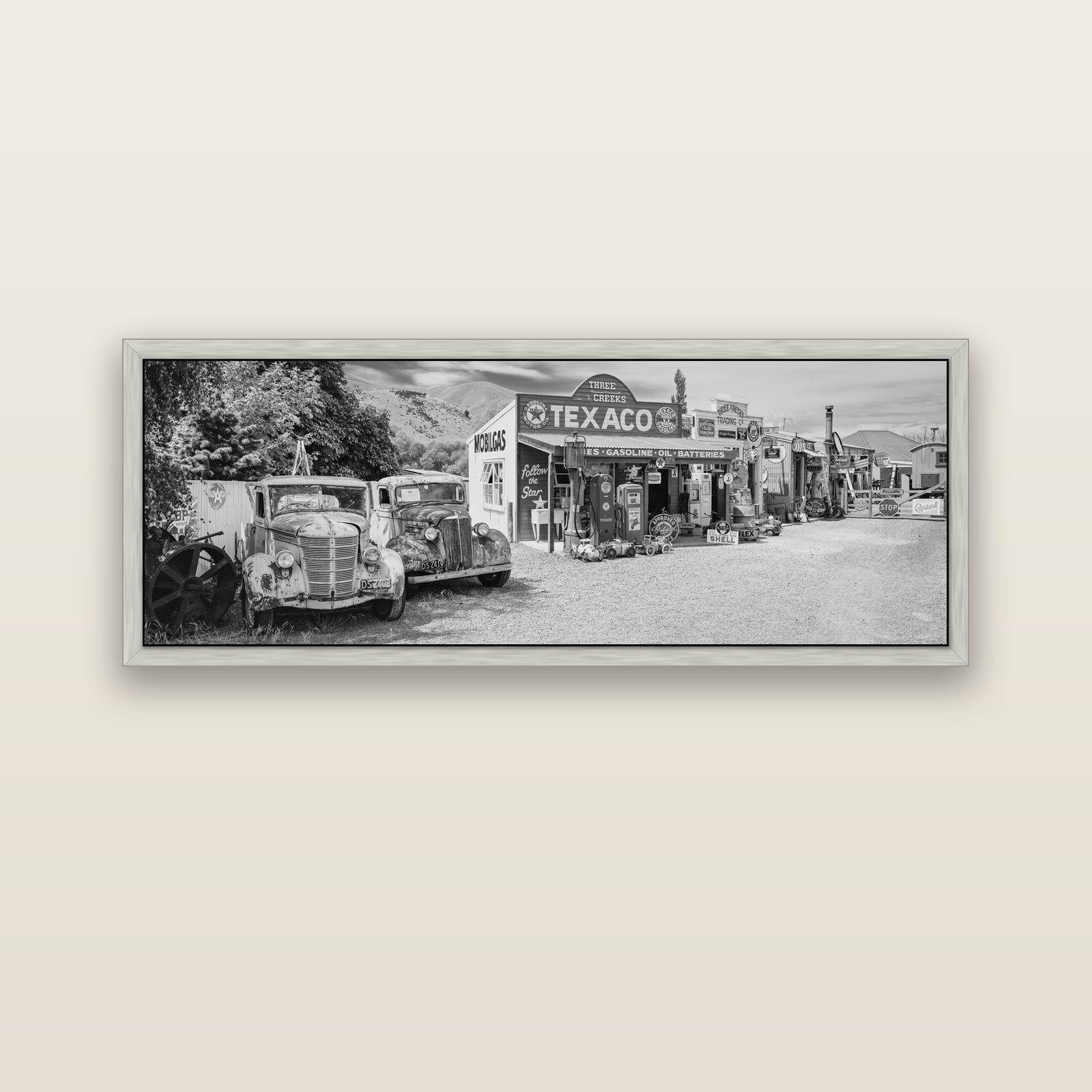 Texaco Time Capsule, Burkes Pass — silver float frame canvas, 152 × 56 cm. New Zealand fine art landscape wall art by Stephen Milner.
