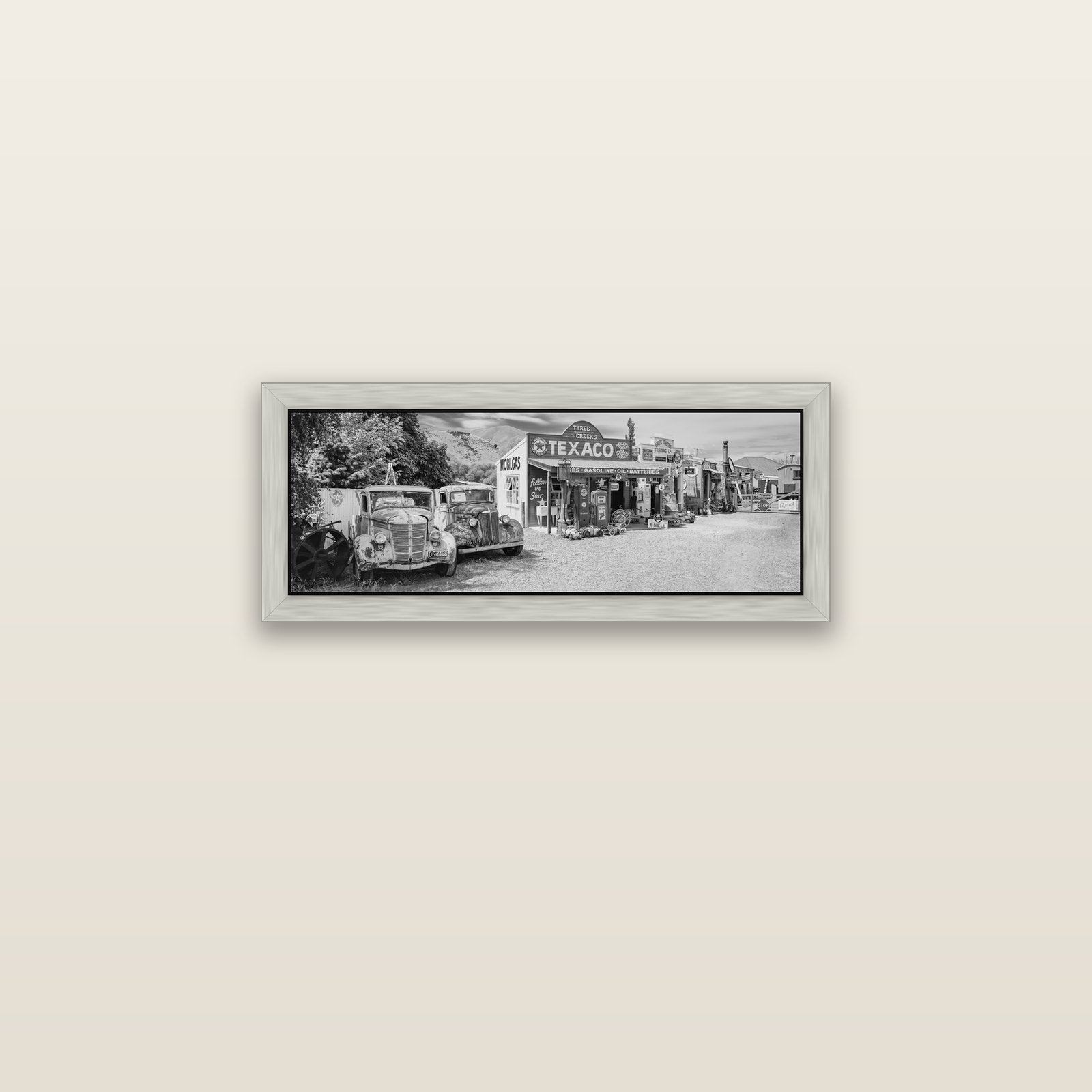 Texaco Time Capsule, Burkes Pass — silver float frame canvas, 71 × 25 cm. New Zealand fine art landscape wall art by Stephen Milner.