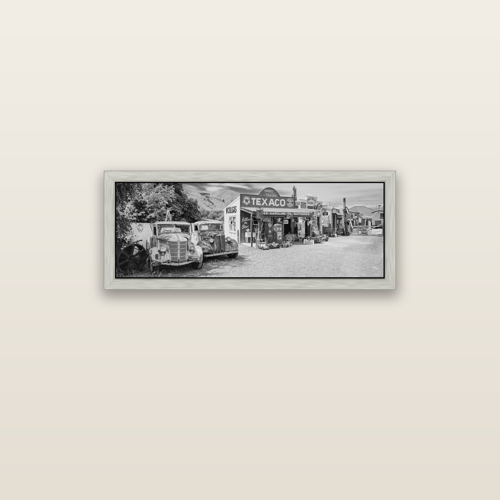 Texaco Time Capsule, Burkes Pass — silver float frame canvas, 91 × 31 cm. New Zealand fine art landscape wall art by Stephen Milner.