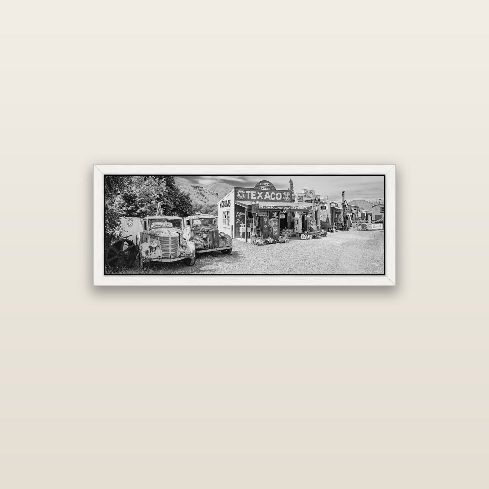Texaco Time Capsule, Burkes Pass — white float frame canvas, 102 × 36 cm. New Zealand fine art landscape wall art by Stephen Milner.