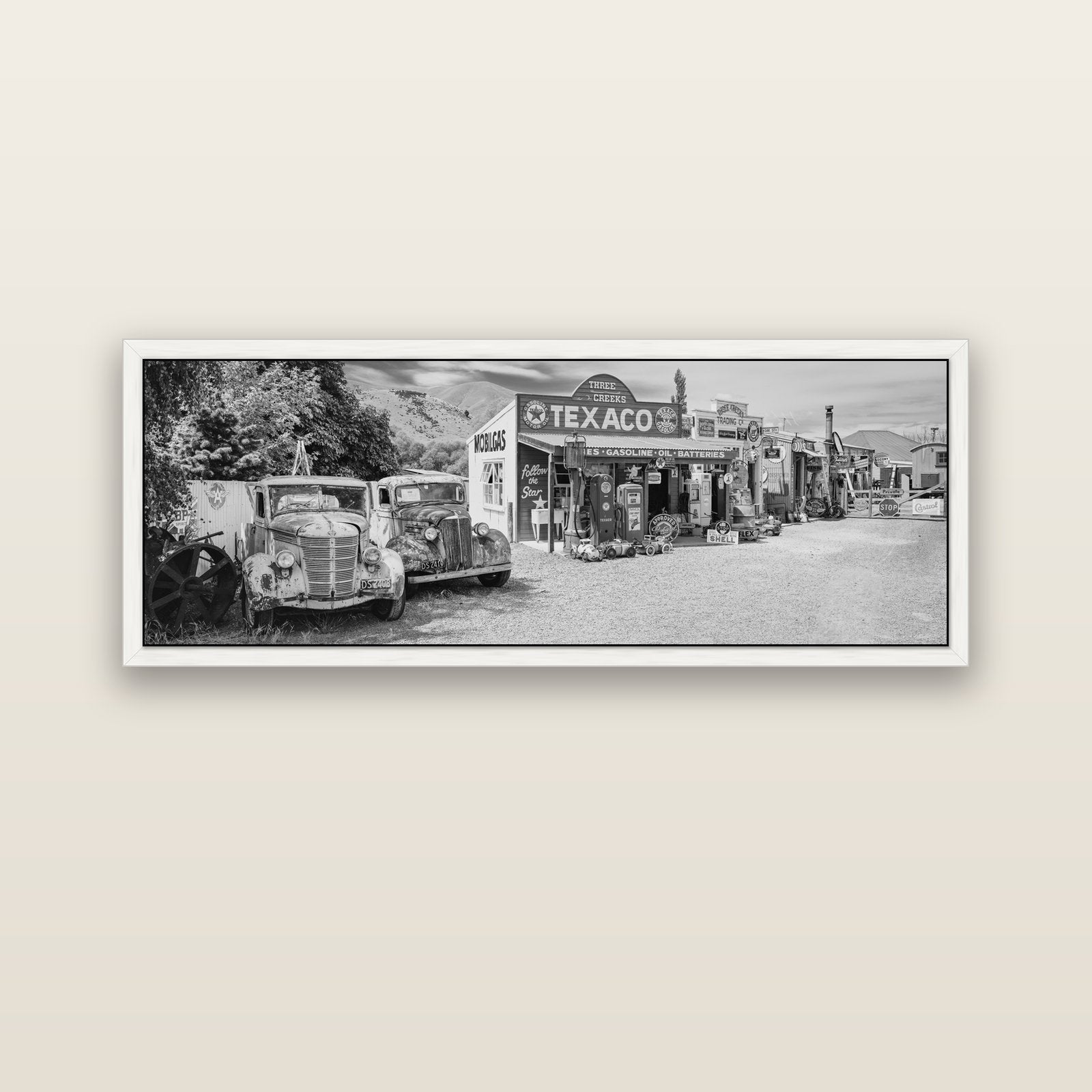 Texaco Time Capsule, Burkes Pass — white float frame canvas, 152 × 56 cm. New Zealand fine art landscape wall art by Stephen Milner.