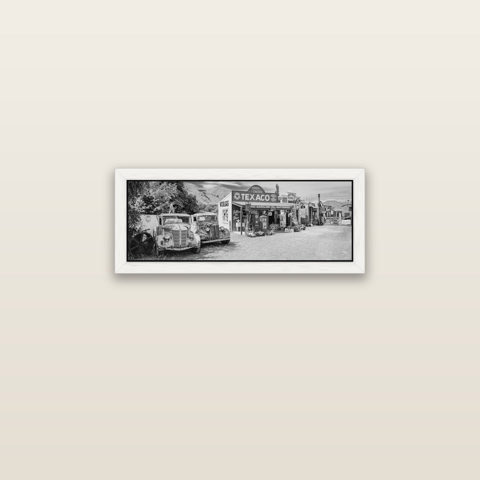 Texaco Time Capsule, Burkes Pass — white float frame canvas, 71 × 25 cm. New Zealand fine art landscape wall art by Stephen Milner.