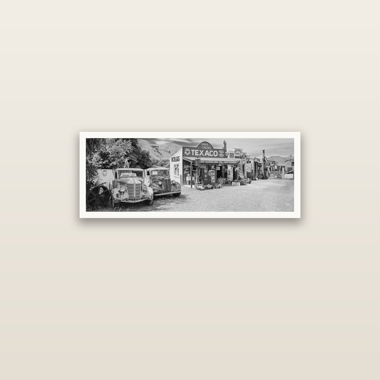 Texaco Time Capsule, Burkes Pass — Hahnemühle fine art print, 90 × 30 cm. New Zealand fine art landscape photography by Stephen Milner.