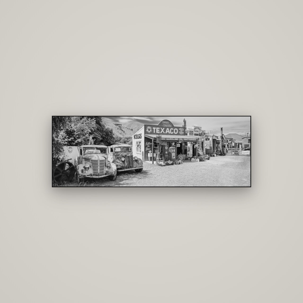 Texaco Time Capsule, Burkes Pass — Slimline Black, 113×40 cm. New Zealand fine art wall art by Stephen Milner.