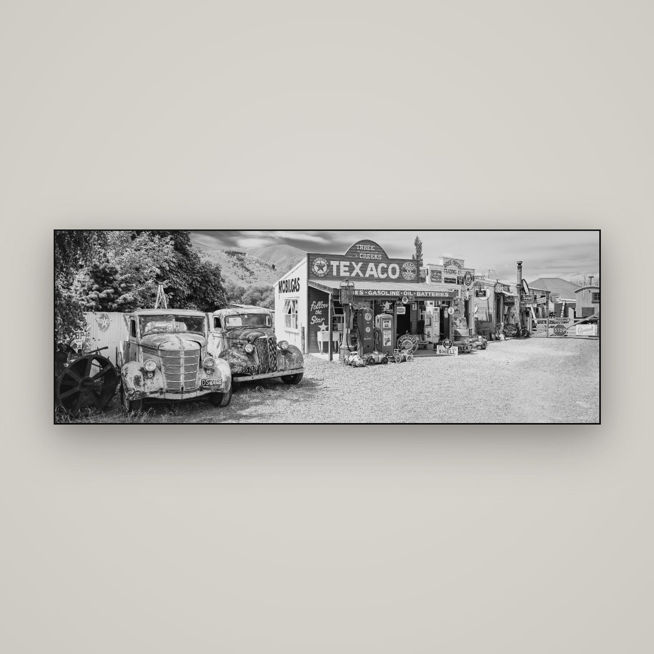 Texaco Time Capsule, Burkes Pass — Slimline Black, 170×60 cm. New Zealand fine art wall art by Stephen Milner.