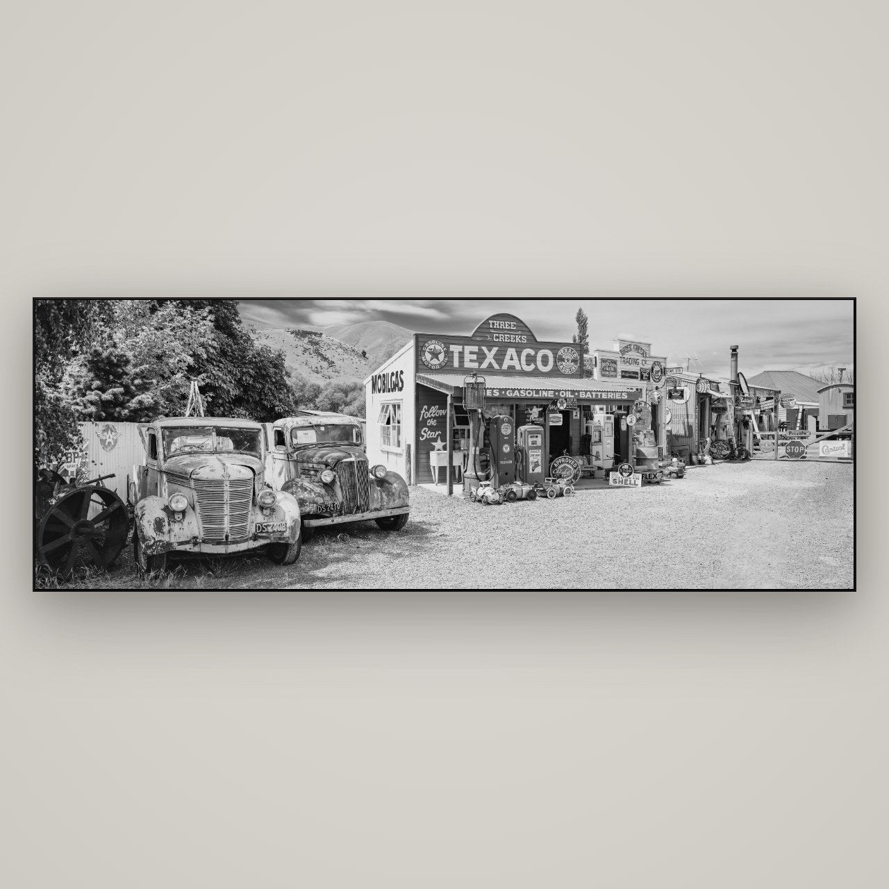 Texaco Time Capsule, Burkes Pass — Slimline Black, 198×70 cm. New Zealand fine art wall art by Stephen Milner.