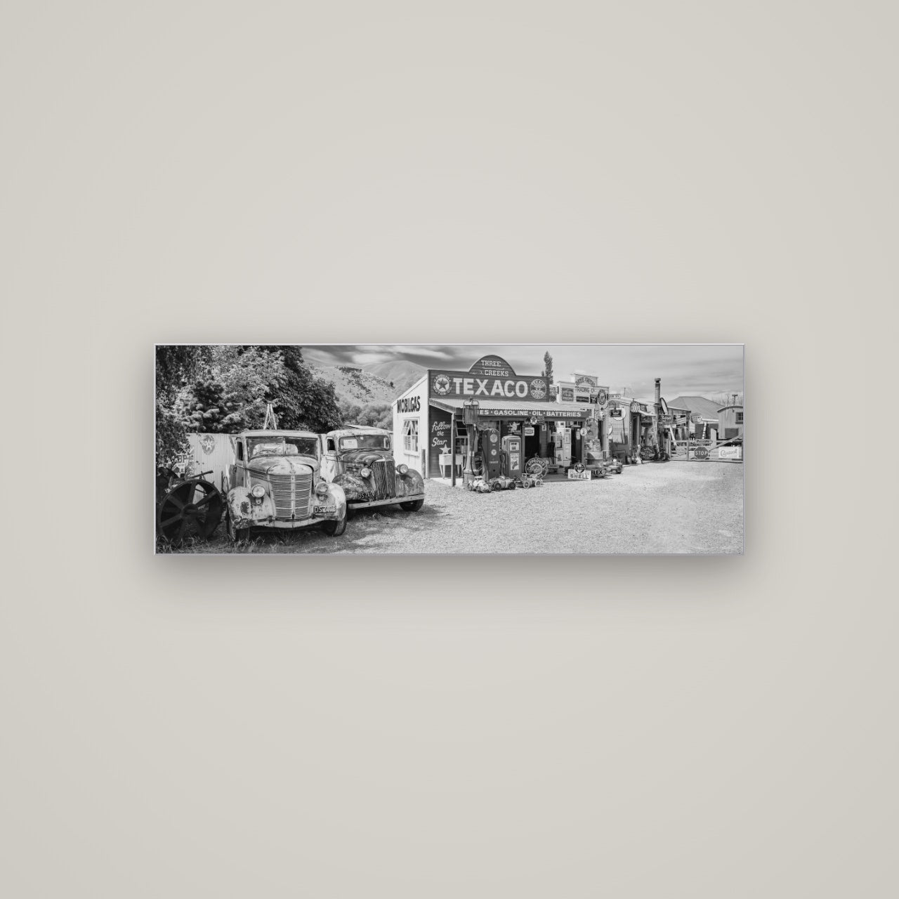 Texaco Time Capsule, Burkes Pass — Slimline Silver, 113×40 cm. New Zealand fine art wall art by Stephen Milner.