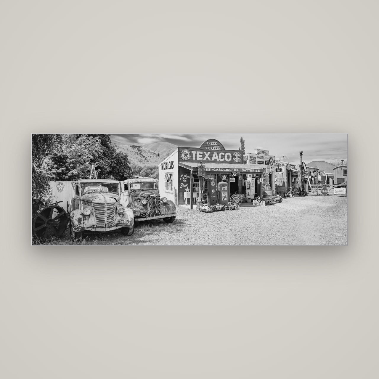 Texaco Time Capsule, Burkes Pass — Slimline Silver, 170×60 cm. New Zealand fine art wall art by Stephen Milner.