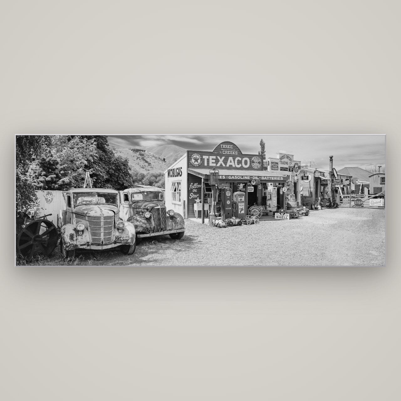 Texaco Time Capsule, Burkes Pass — Slimline Silver, 198×70 cm. New Zealand fine art wall art by Stephen Milner.
