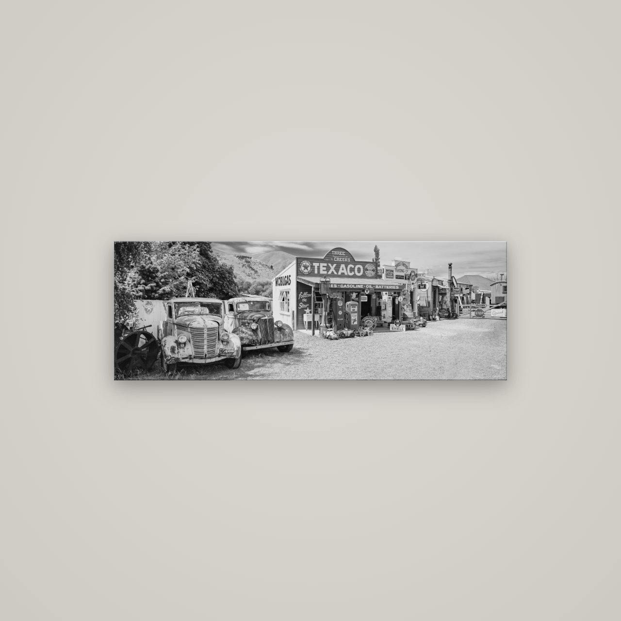 Texaco Time Capsule, Burkes Pass — No frame, 113×40 cm. New Zealand fine art wall art by Stephen Milner.