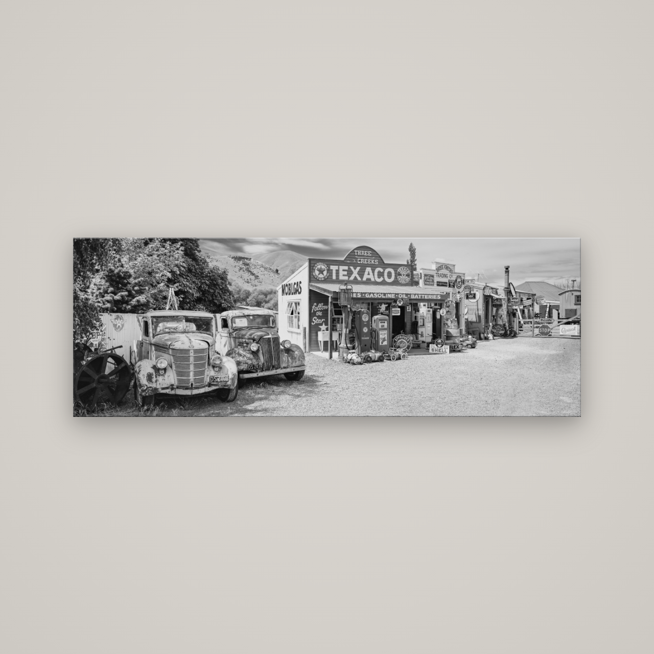 Texaco Time Capsule, Burkes Pass — No frame, 170×60 cm. New Zealand fine art wall art by Stephen Milner.