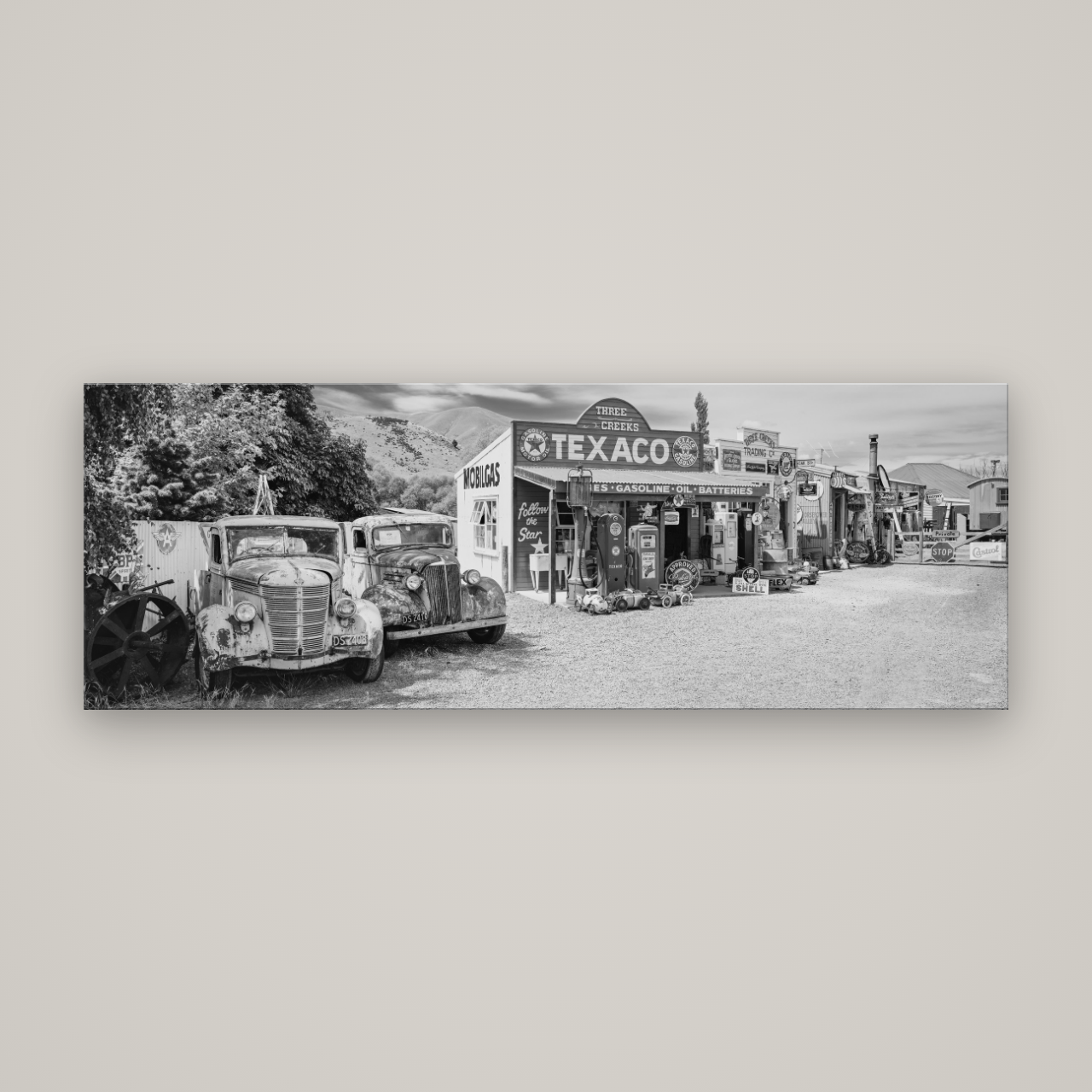 Texaco Time Capsule, Burkes Pass — No frame, 198×70 cm. New Zealand fine art wall art by Stephen Milner.