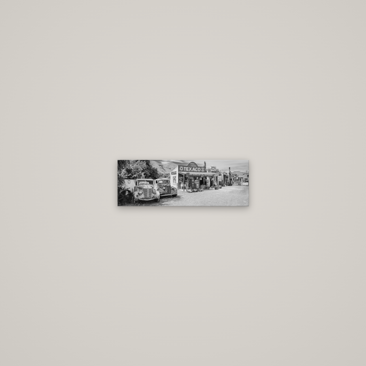 Texaco Time Capsule, Burkes Pass — No frame, 34×12 cm. New Zealand fine art wall art by Stephen Milner.