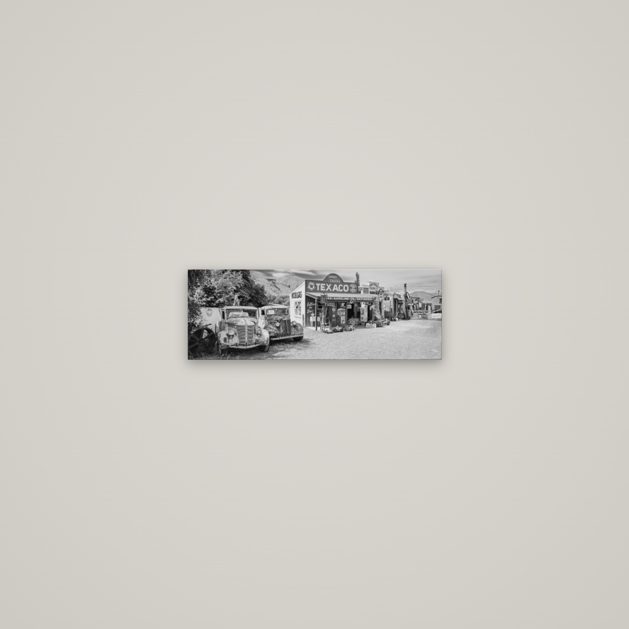 Texaco Time Capsule, Burkes Pass — No frame, 45×16 cm. New Zealand fine art wall art by Stephen Milner.