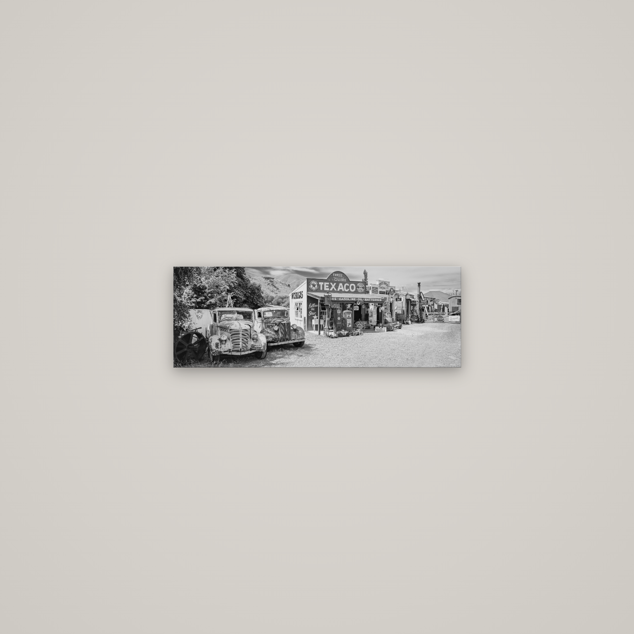 Texaco Time Capsule, Burkes Pass — No frame, 57×20 cm. New Zealand fine art wall art by Stephen Milner.