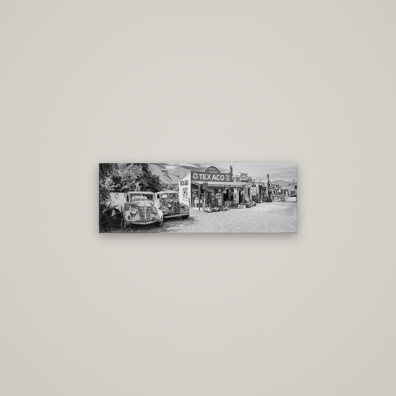 Texaco Time Capsule, Burkes Pass — No frame, 68×24 cm. New Zealand fine art wall art by Stephen Milner.