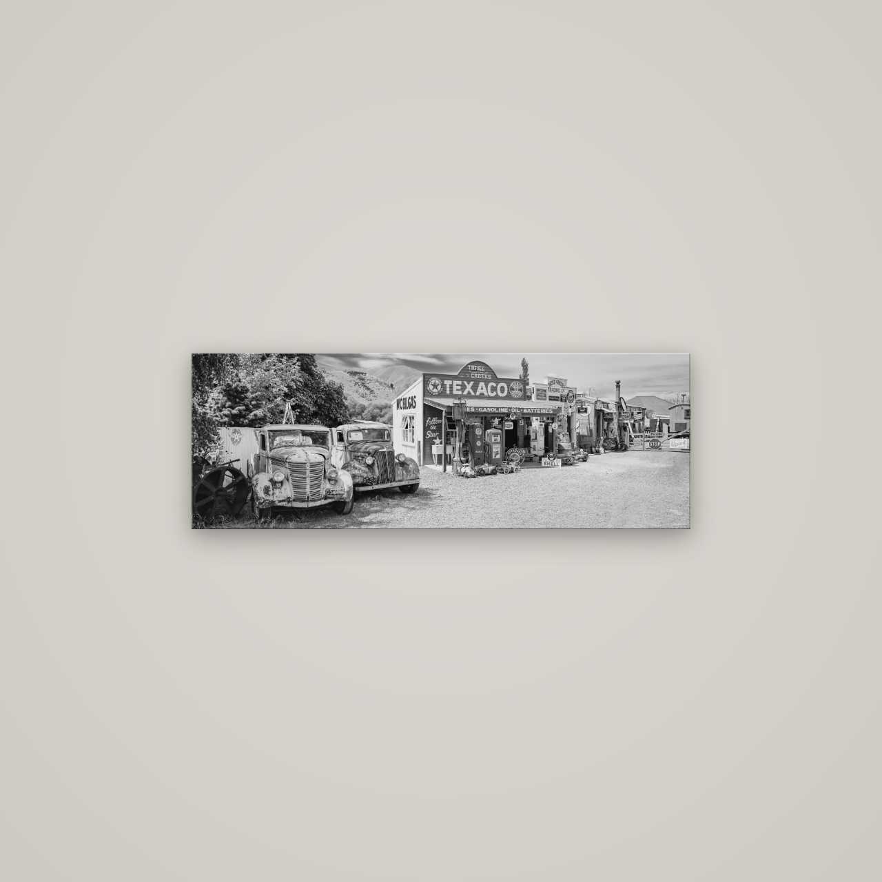 Texaco Time Capsule, Burkes Pass — No frame, 85×30 cm. New Zealand fine art wall art by Stephen Milner.