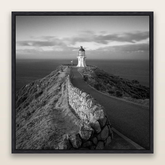 The Cape, Cape Reinga, black and white framed metallic canvas print, Black frame. New Zealand fine art wall art by Stephen Milner.