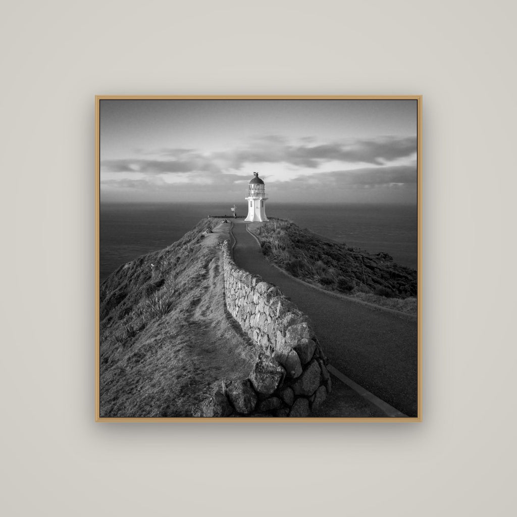 The Cape, Cape Reinga, Basel Natural Oak, 100×100 cm. New Zealand fine art wall art by Stephen Milner.