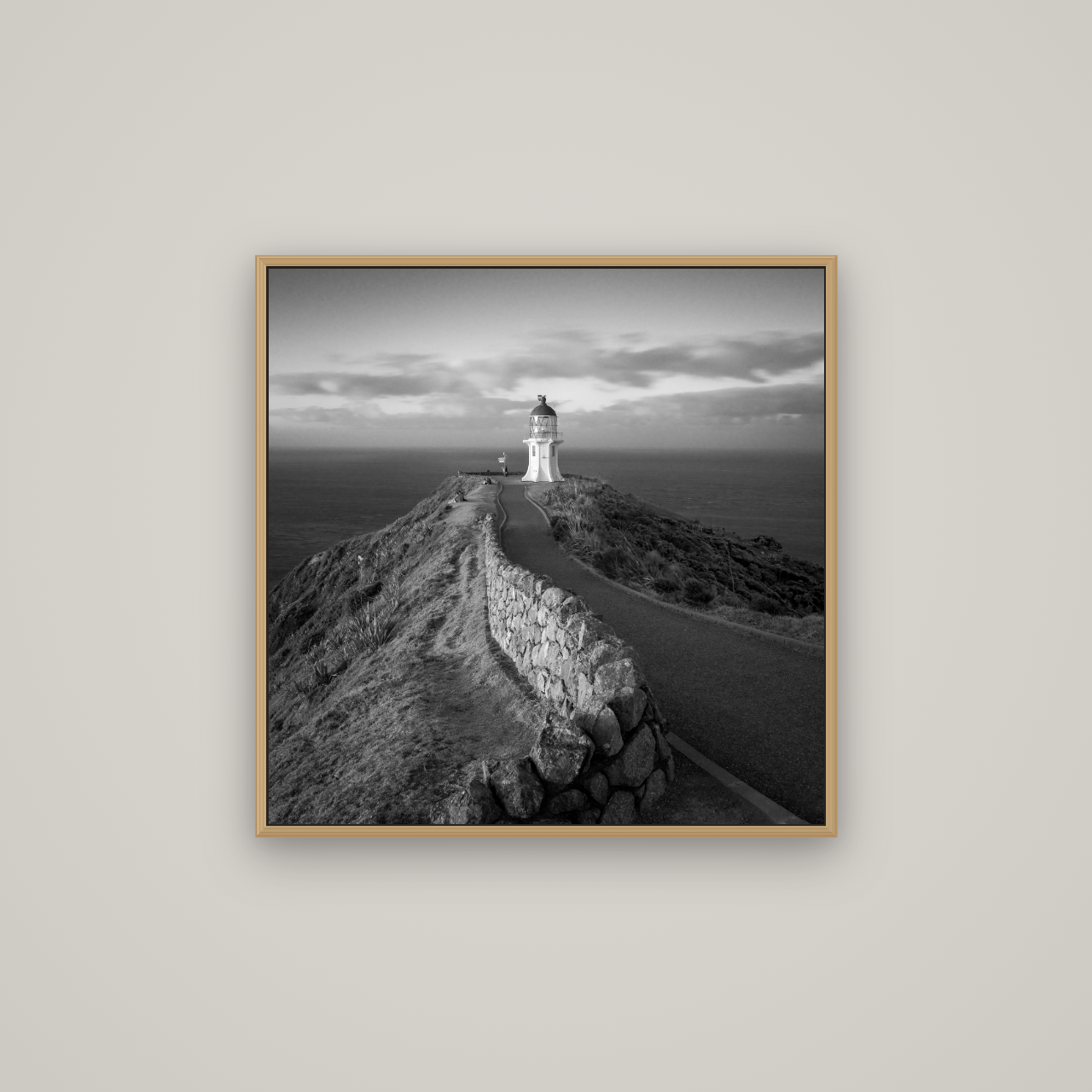 The Cape, Cape Reinga, Basel Natural Oak, 70×70 cm. New Zealand fine art wall art by Stephen Milner.