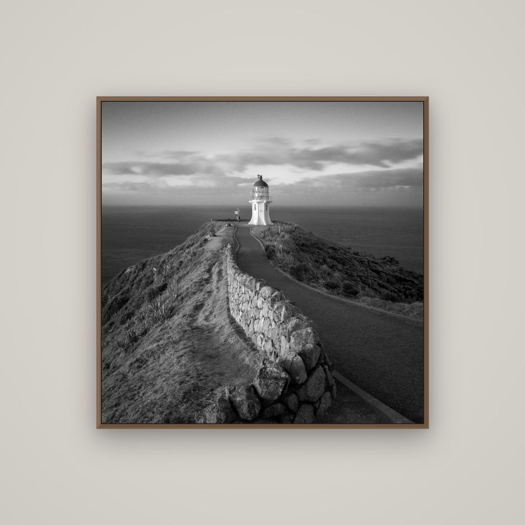The Cape, Cape Reinga, Basel Walnut, 100×100 cm. New Zealand fine art wall art by Stephen Milner.
