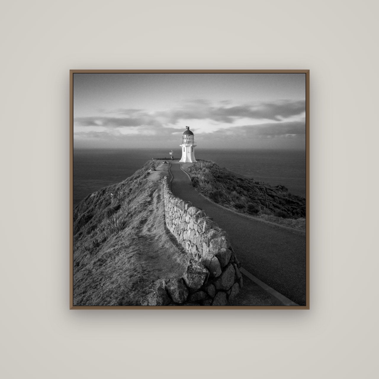 The Cape, Cape Reinga, Basel Walnut, 100×100 cm. New Zealand fine art wall art by Stephen Milner.
