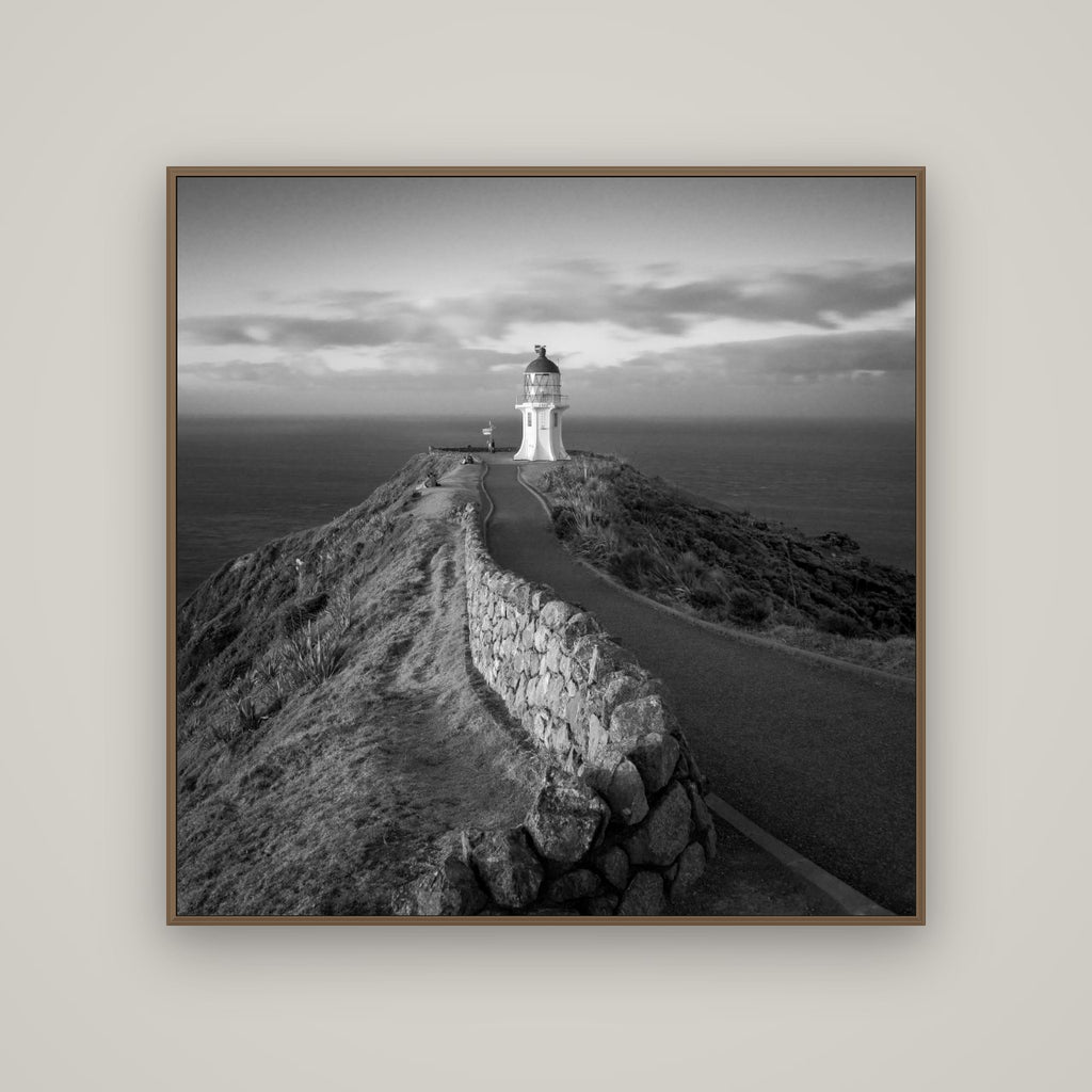 The Cape, Cape Reinga, Basel Walnut, 120×120 cm. New Zealand fine art wall art by Stephen Milner.