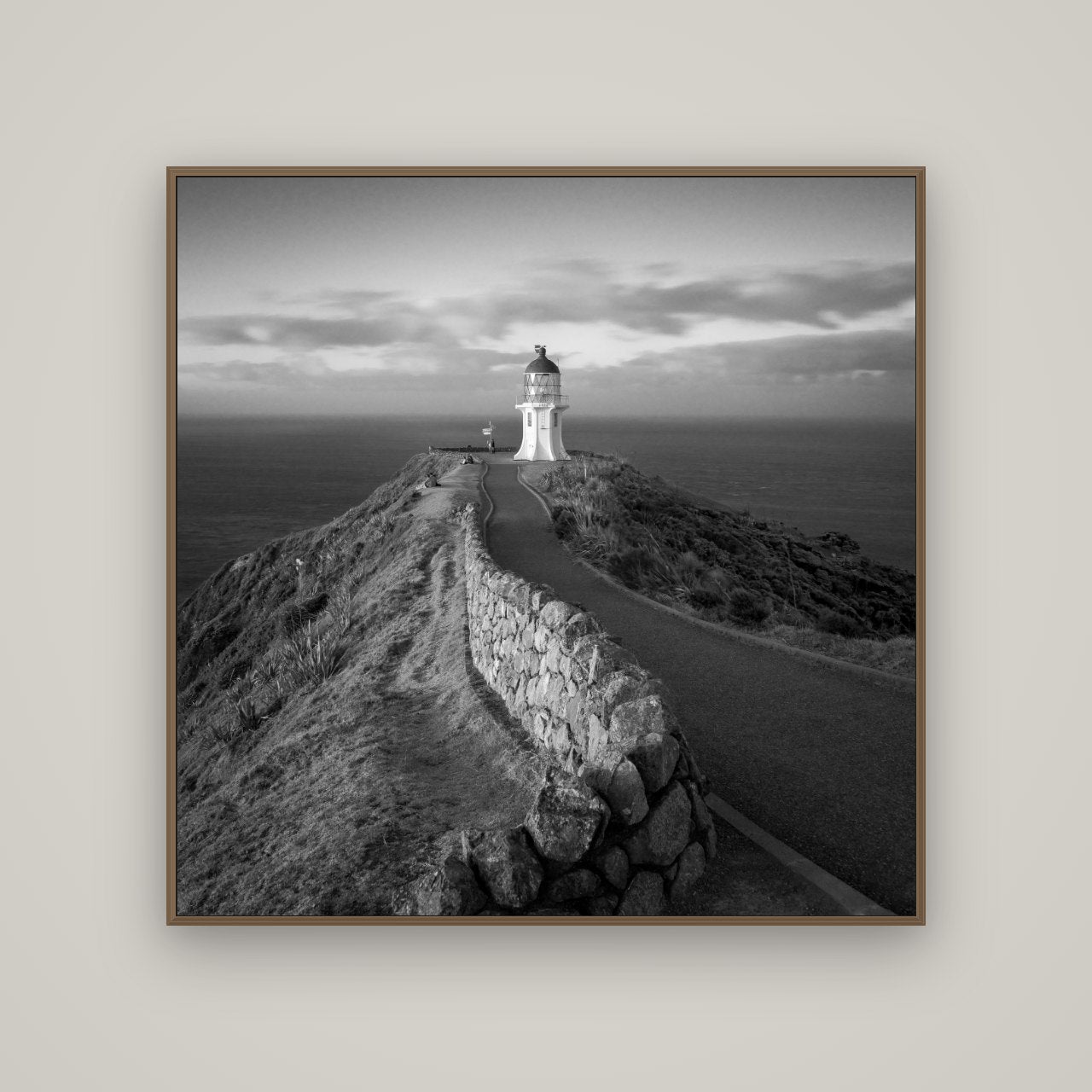 The Cape, Cape Reinga, Basel Walnut, 120×120 cm. New Zealand fine art wall art by Stephen Milner.