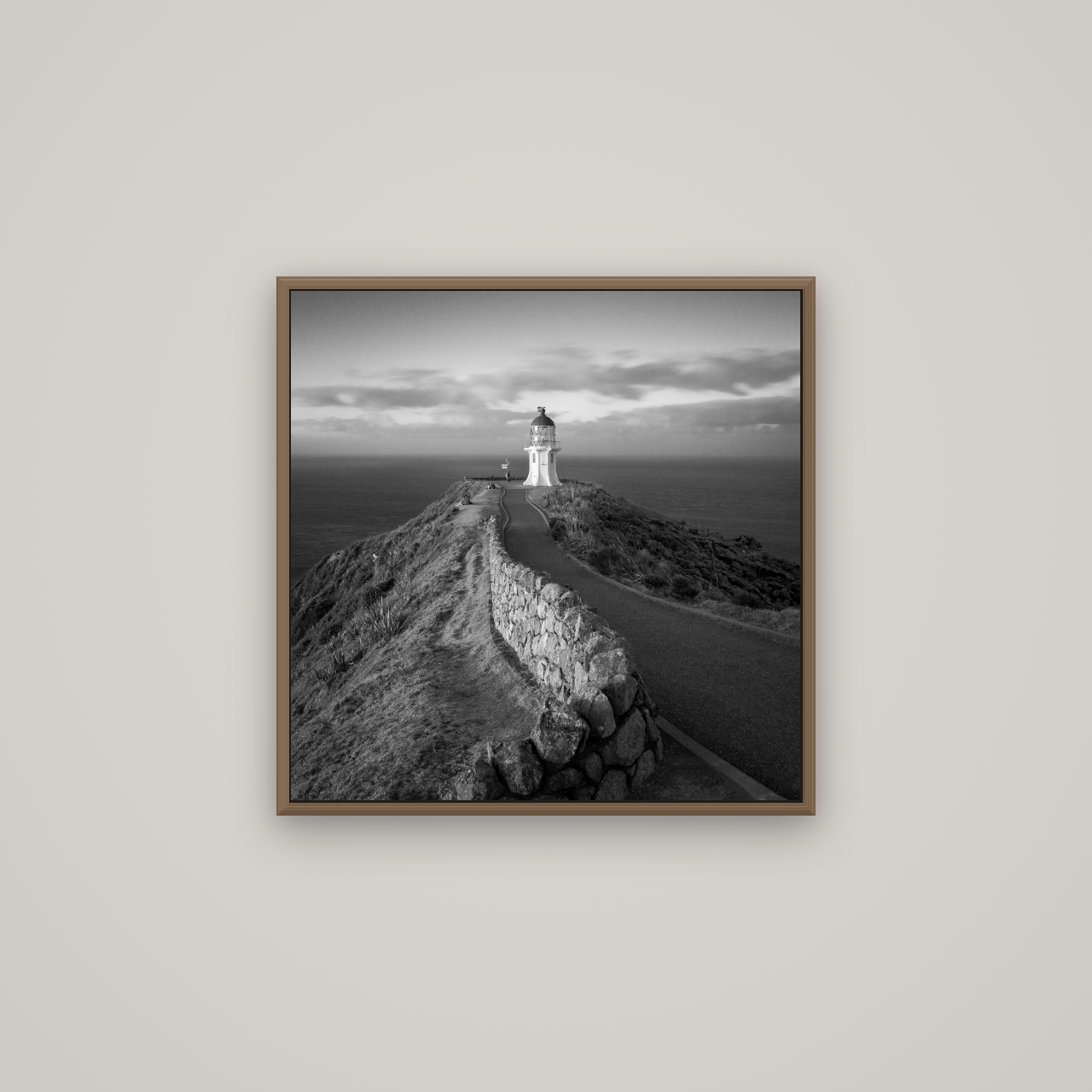 The Cape, Cape Reinga, Basel Walnut, 60×60 cm. New Zealand fine art wall art by Stephen Milner.