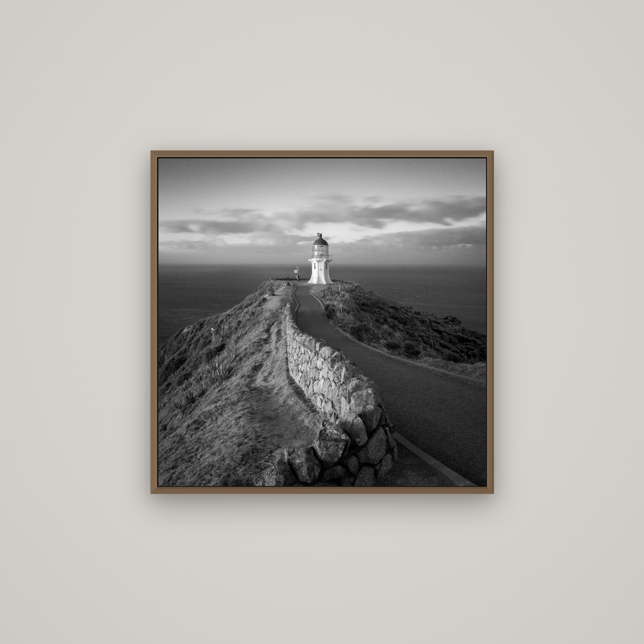 The Cape, Cape Reinga, Basel Walnut, 70×70 cm. New Zealand fine art wall art by Stephen Milner.