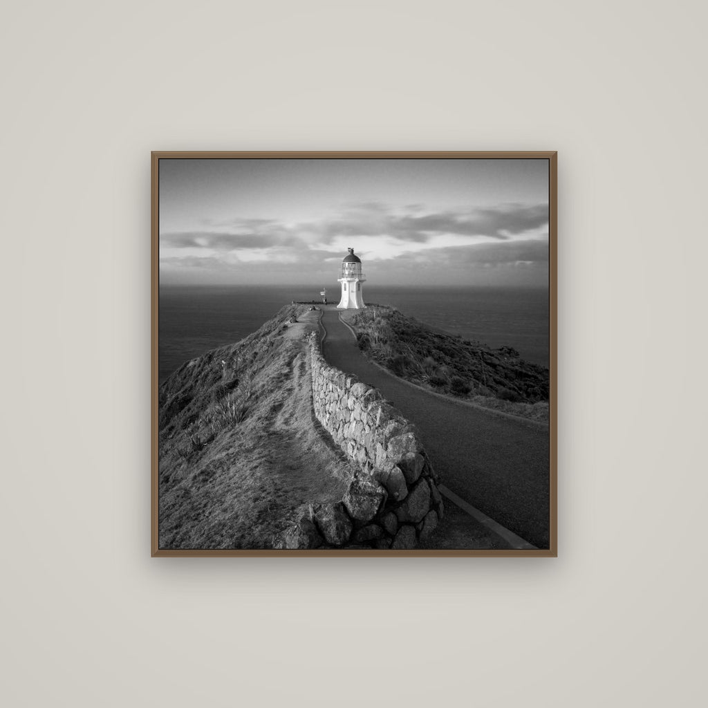 The Cape, Cape Reinga, Basel Walnut, 80×80 cm. New Zealand fine art wall art by Stephen Milner.