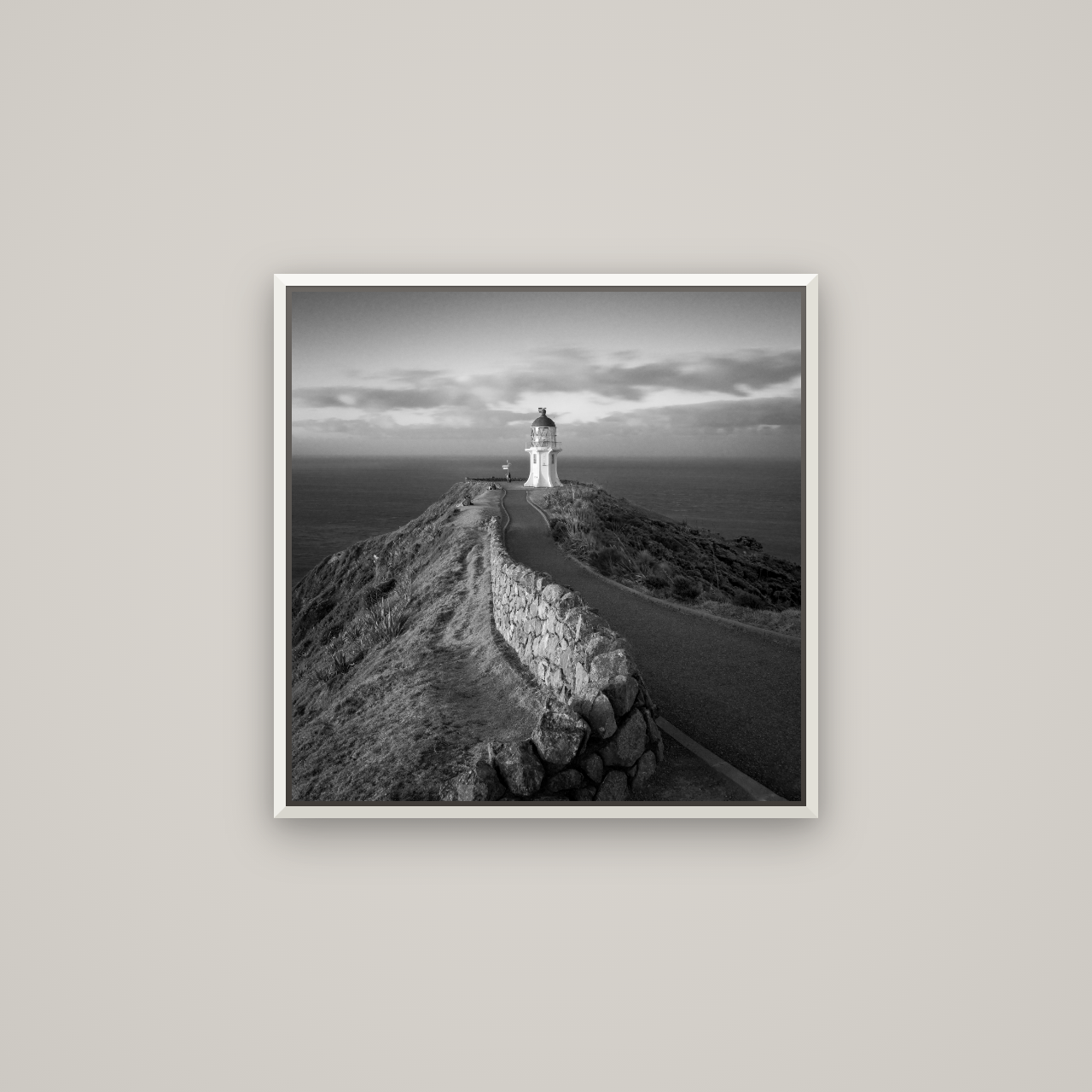 The Cape, Cape Reinga — Basel White, 60×60 cm. New Zealand fine art wall art by Stephen Milner.