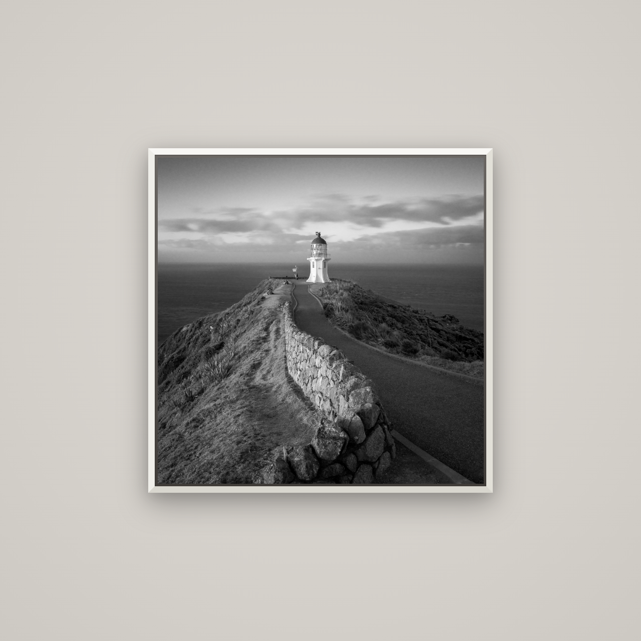 The Cape, Cape Reinga — Basel White, 70×70 cm. New Zealand fine art wall art by Stephen Milner.