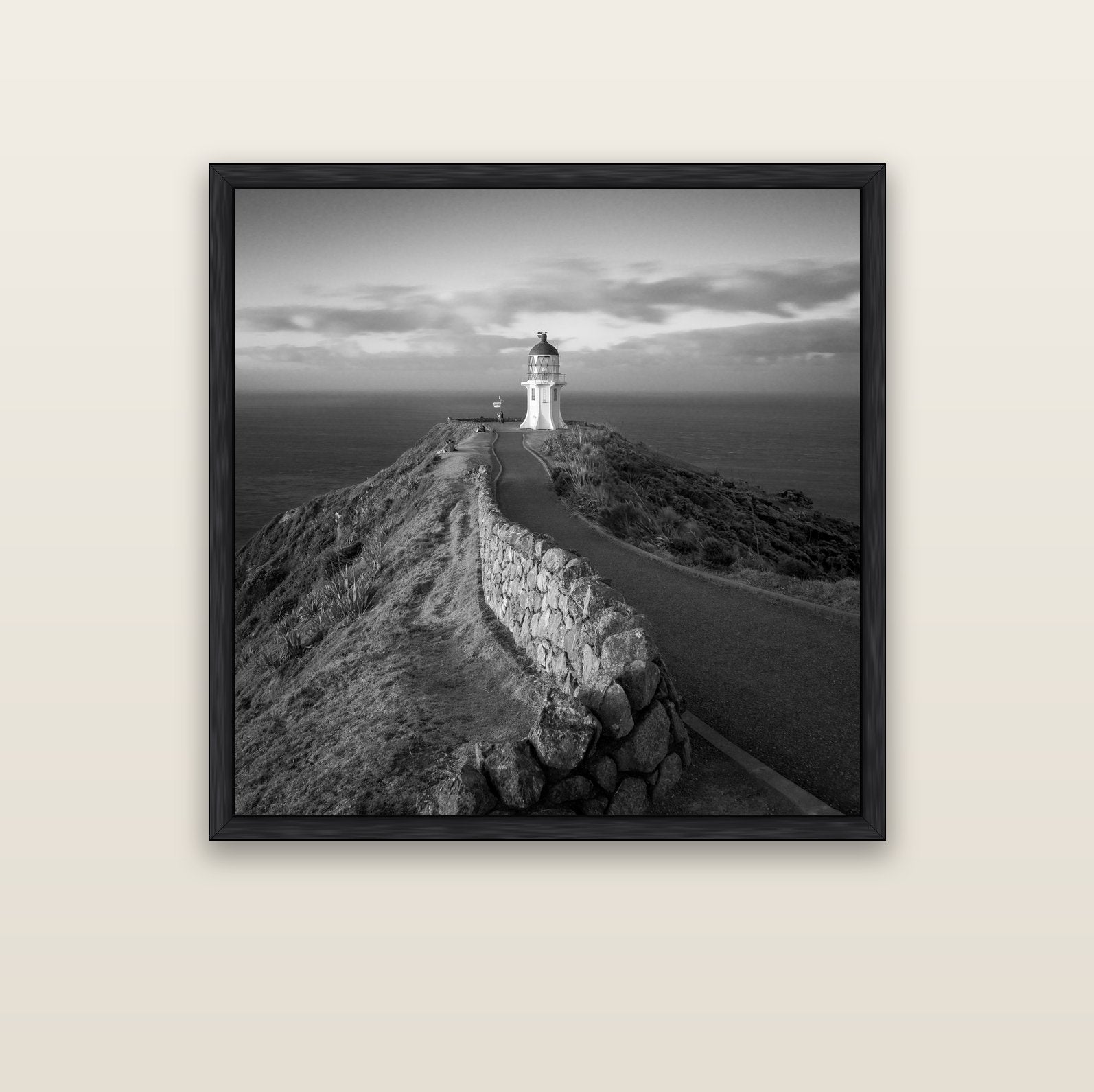 The Cape, Cape Reinga — black float frame canvas, 102 × 102 cm. New Zealand fine art landscape wall art by Stephen Milner.