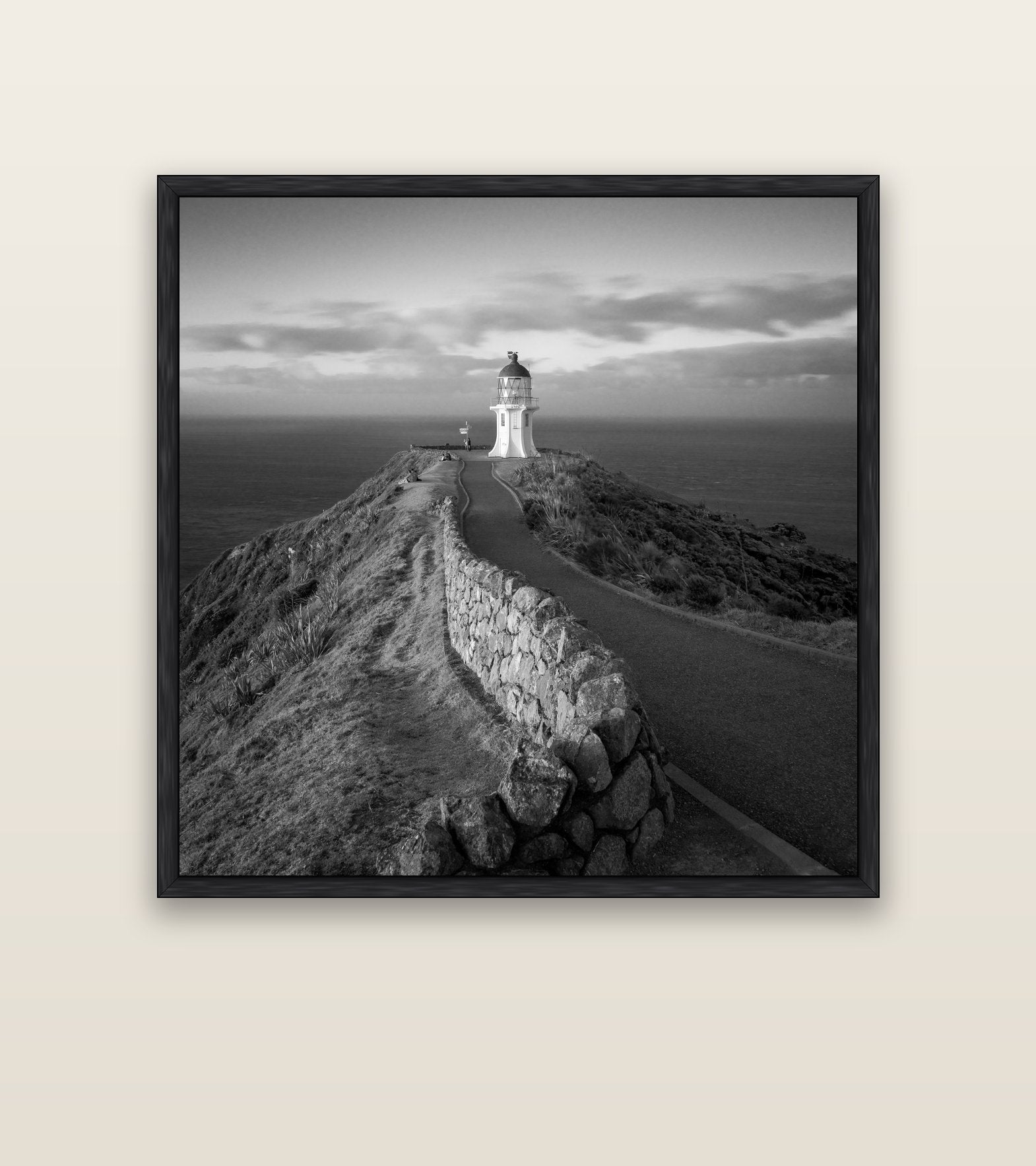 The Cape, Cape Reinga — black float frame canvas, 127 × 127 cm. New Zealand fine art landscape wall art by Stephen Milner.