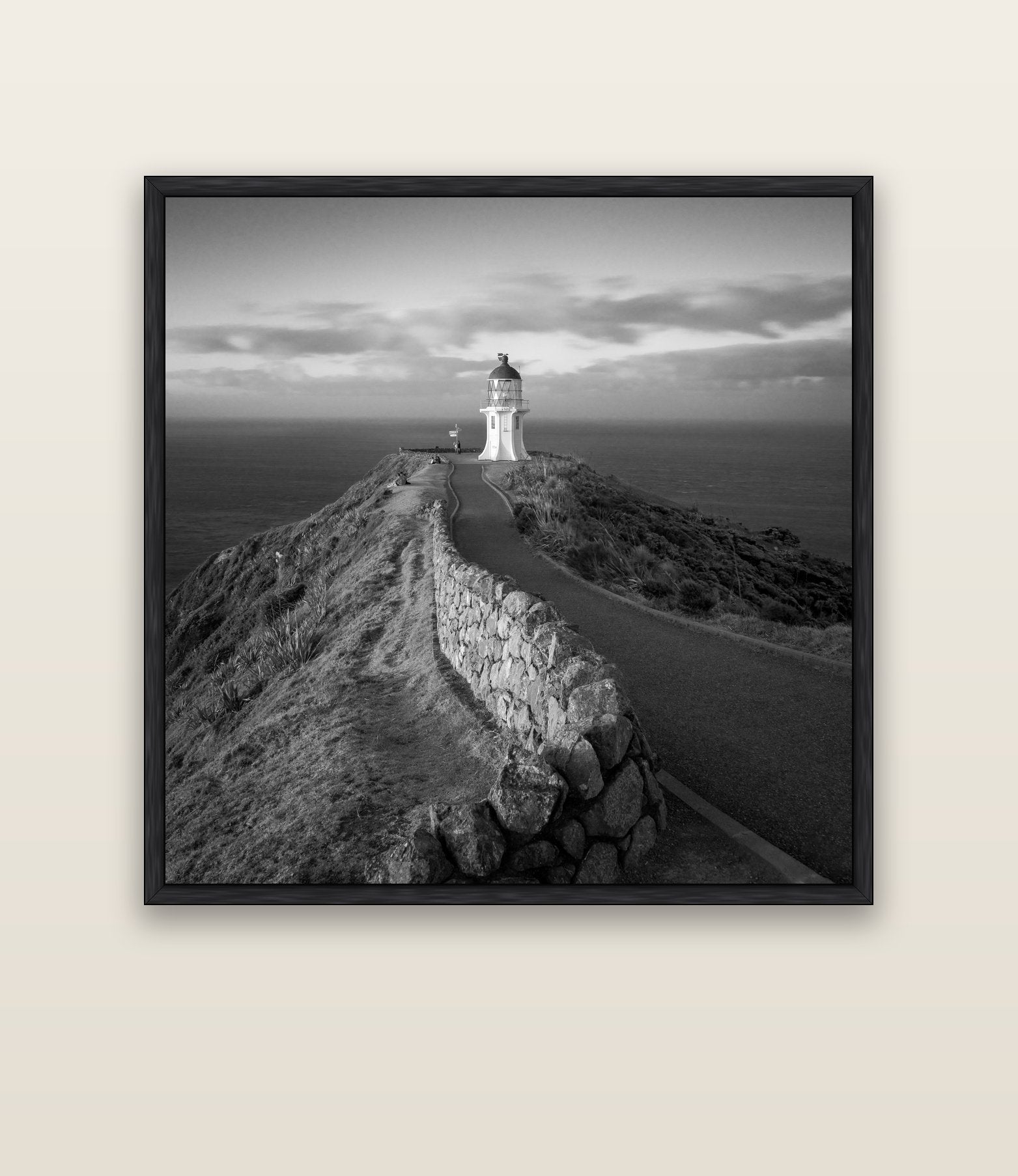 The Cape, Cape Reinga — black float frame canvas, 133 × 133 cm. New Zealand fine art landscape wall art by Stephen Milner.