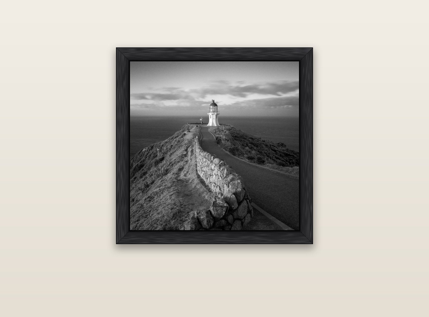 The Cape, Cape Reinga — black float frame canvas, 51 × 51 cm. New Zealand fine art landscape wall art by Stephen Milner.