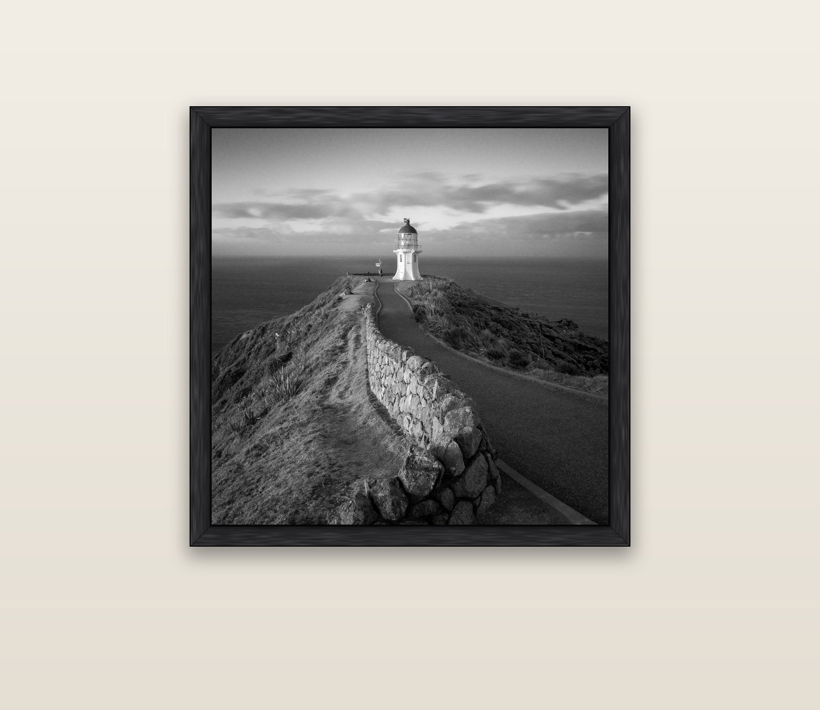 The Cape, Cape Reinga — black float frame canvas, 76 × 76 cm. New Zealand fine art landscape wall art by Stephen Milner.