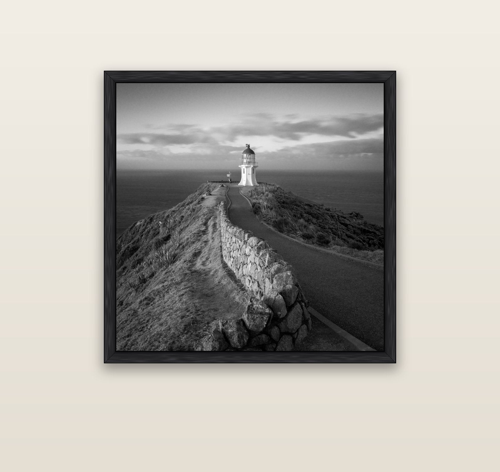 The Cape, Cape Reinga — black float frame canvas, 91 × 91 cm. New Zealand fine art landscape wall art by Stephen Milner.