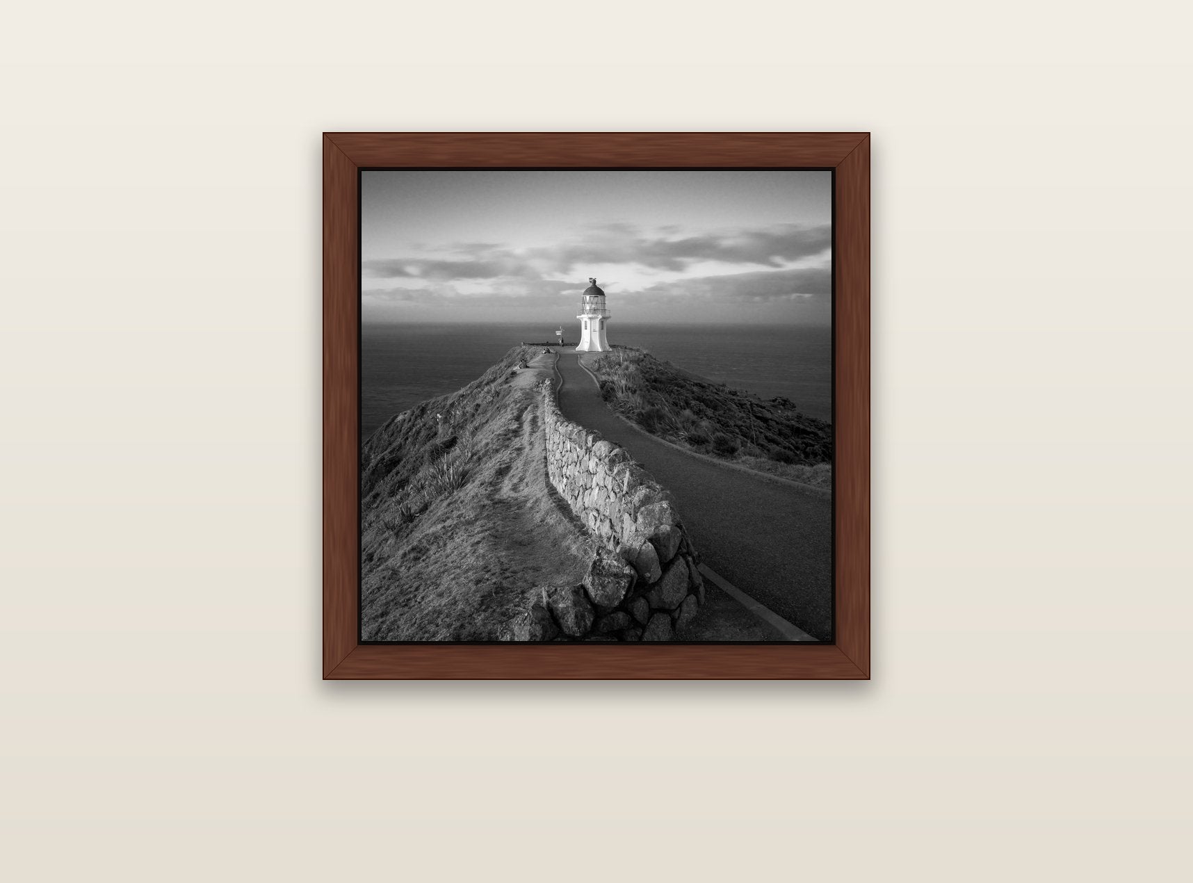 The Cape, Cape Reinga — brown float frame canvas, 51 × 51 cm. New Zealand fine art landscape wall art by Stephen Milner.