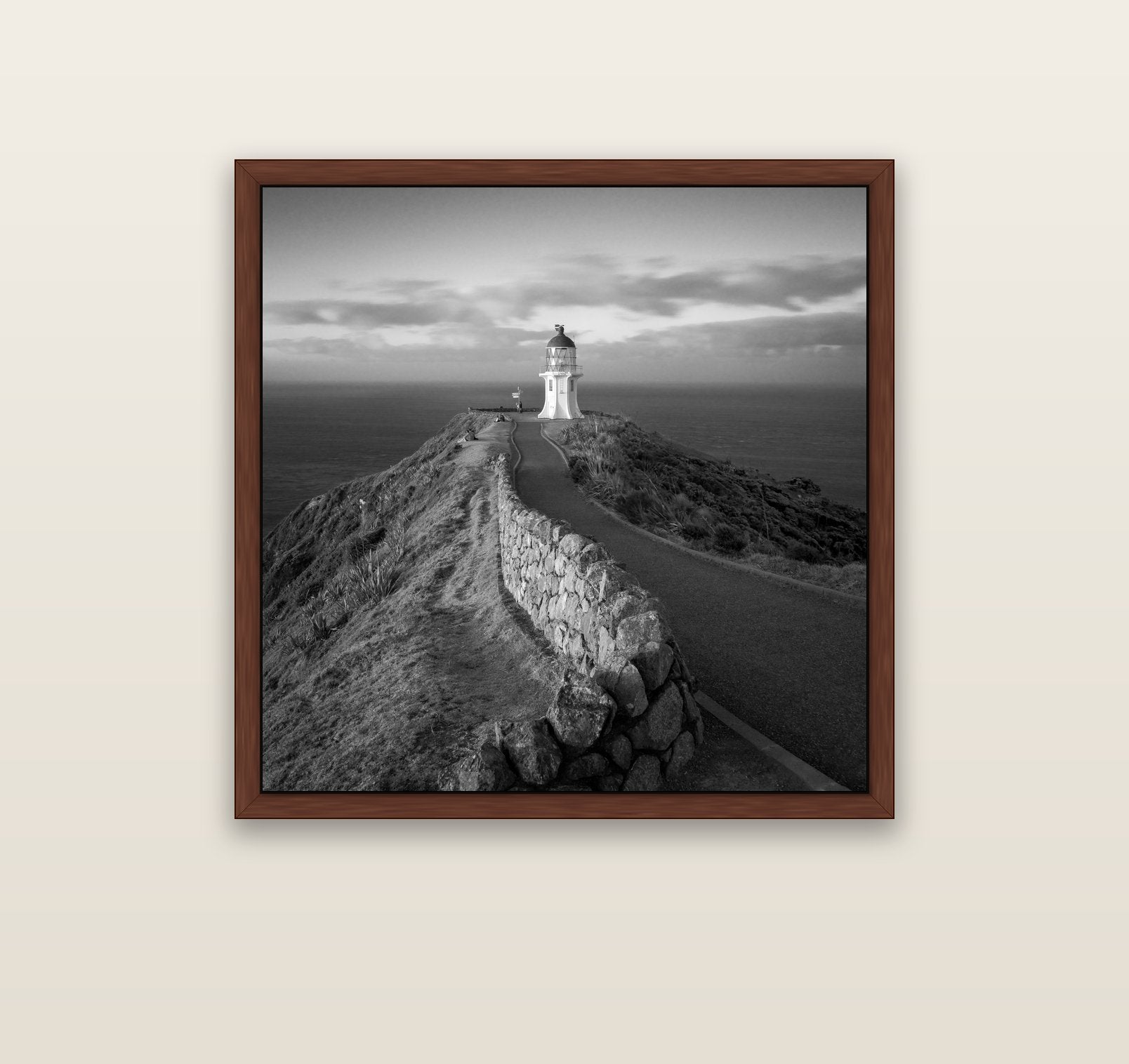 The Cape, Cape Reinga — brown float frame canvas, 91 × 91 cm. New Zealand fine art landscape wall art by Stephen Milner.