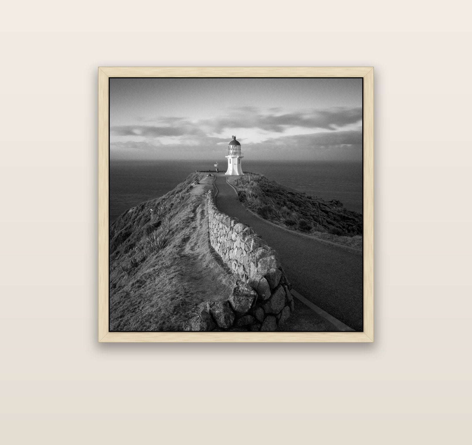 The Cape, Cape Reinga — natural float frame canvas, 91 × 91 cm. New Zealand fine art landscape wall art by Stephen Milner.