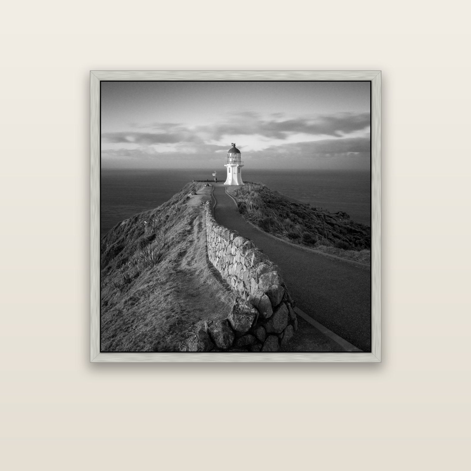 The Cape, Cape Reinga — silver float frame canvas, 102 × 102 cm. New Zealand fine art landscape wall art by Stephen Milner.