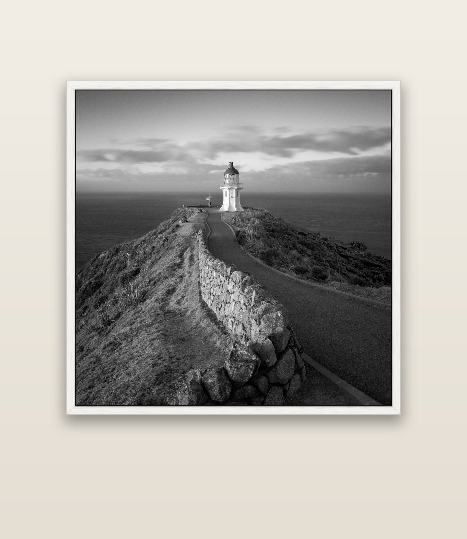 The Cape, Cape Reinga — white float frame canvas, 133 × 133 cm. New Zealand fine art landscape wall art by Stephen Milner.