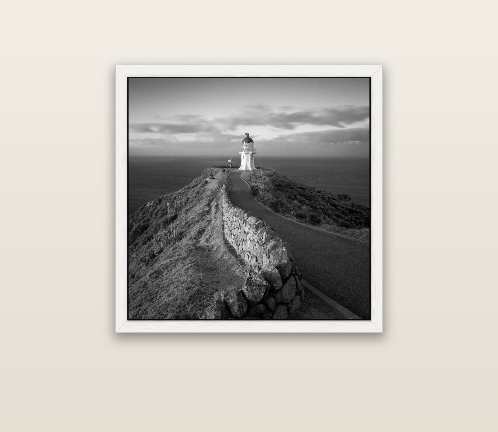 The Cape, Cape Reinga — white float frame canvas, 76 × 76 cm. New Zealand fine art landscape wall art by Stephen Milner.