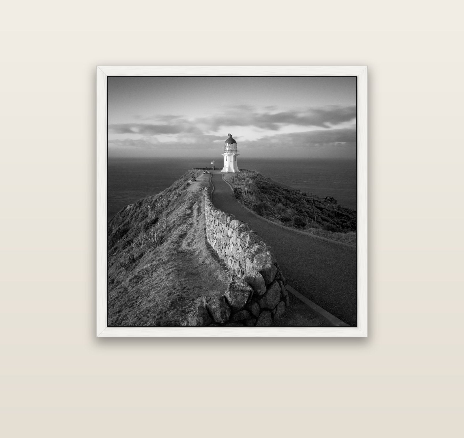 The Cape, Cape Reinga — white float frame canvas, 91 × 91 cm. New Zealand fine art landscape wall art by Stephen Milner.