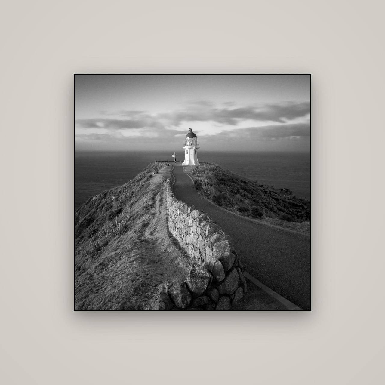 The Cape, Cape Reinga — Slimline Black, 100×100 cm. New Zealand fine art wall art by Stephen Milner.