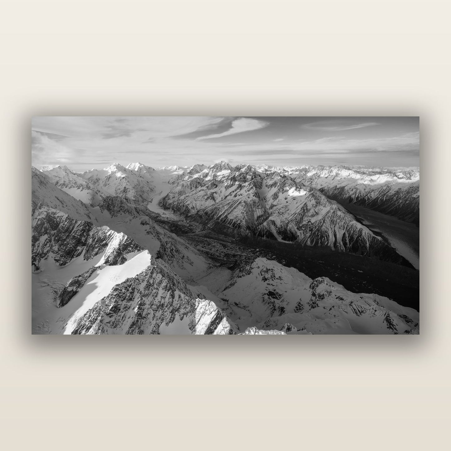The Great Divide, Southern Alps — black and white frameless acrylic glass print. New Zealand fine art photography by Stephen Milner.