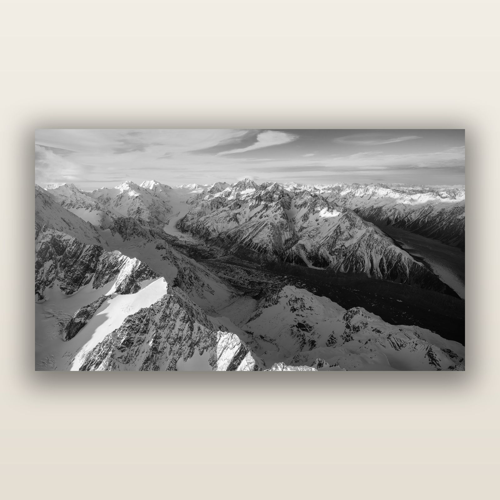The Great Divide, Southern Alps, black and white frameless acrylic glass print. New Zealand fine art photography by Stephen Milner.